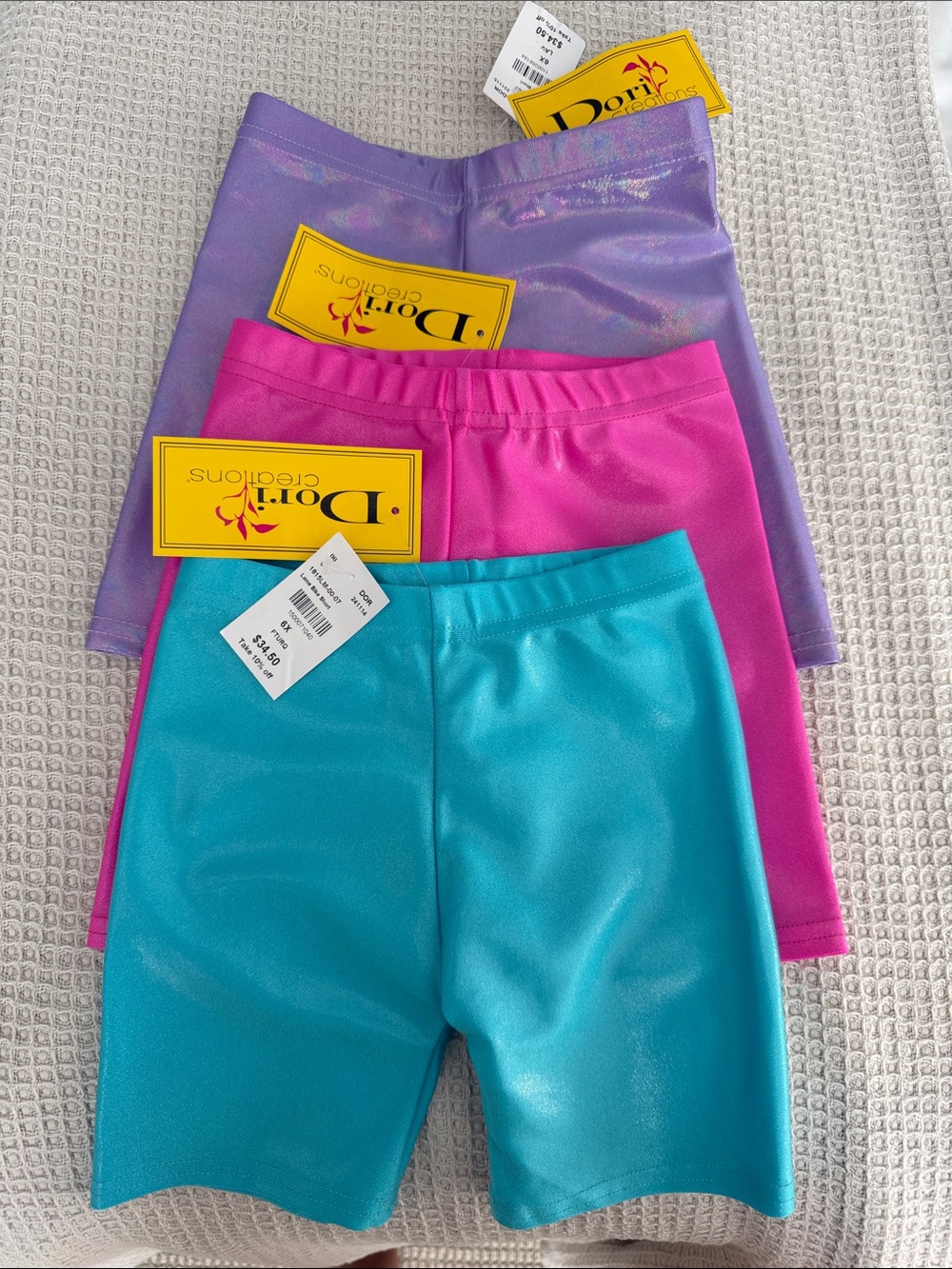 Dori Creations Kids' Shiny Bike Shorts BUNDLE - Turquoise, Hot Pink, Lavender